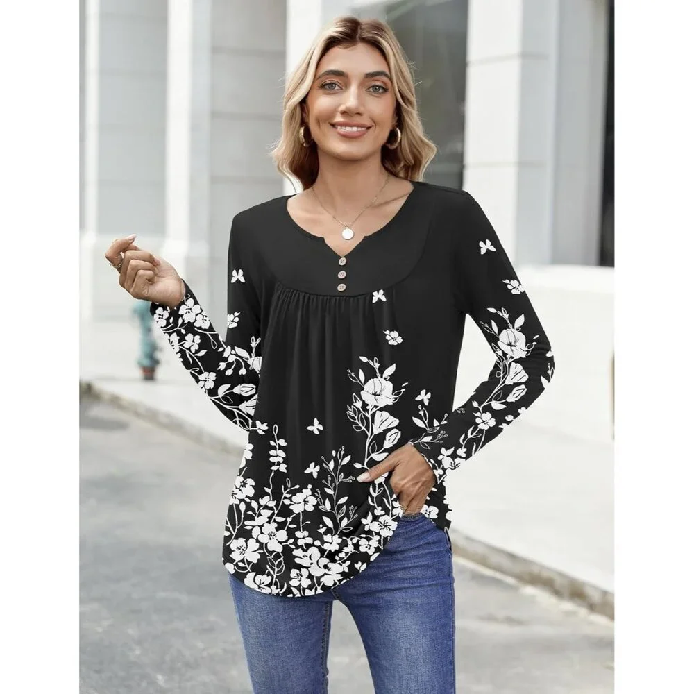 Women's Long Sleeve V Neck Top Casual Blouse for Fall Winter Work - Picture 4 of 5